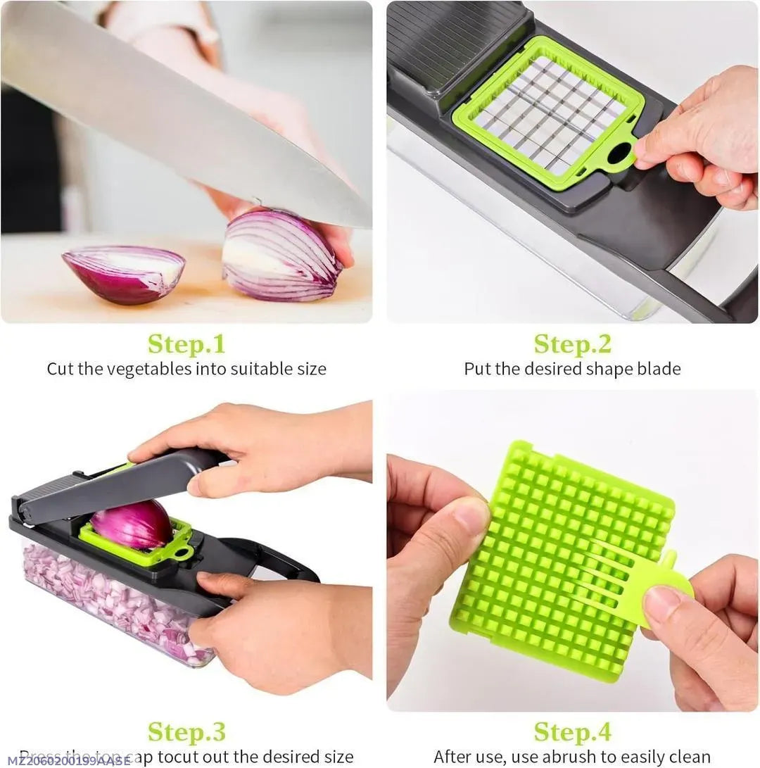 14-in-1 Multifunction Vegetable Cutter & Chopper with Storage Container | Onion, Potato, Cucumber & Fruit Slicer | Kitchen Food Chopper