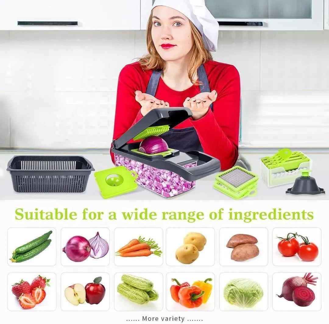 14-in-1 Multifunction Vegetable Cutter & Chopper with Storage Container | Onion, Potato, Cucumber & Fruit Slicer | Kitchen Food Chopper