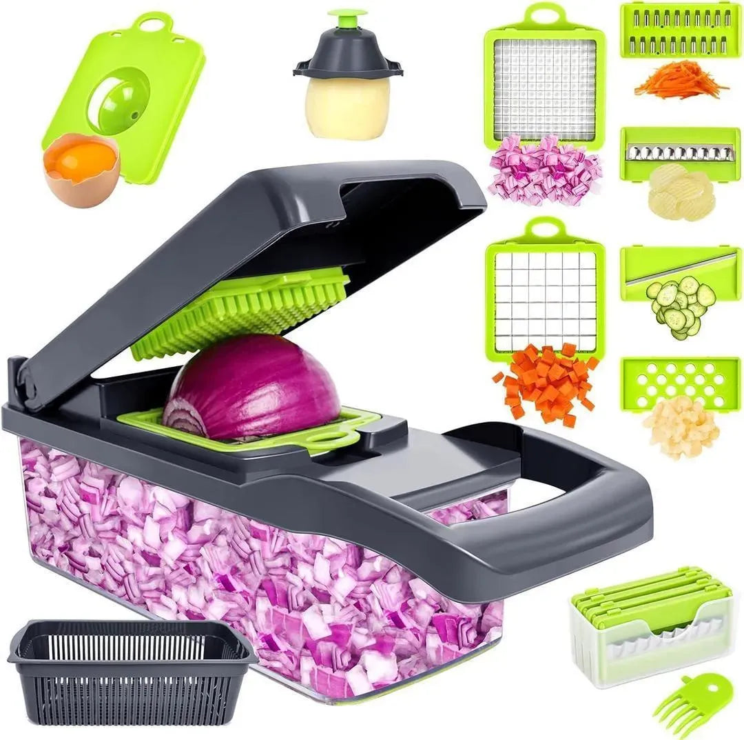 14-in-1 Multifunction Vegetable Cutter & Chopper with Storage Container | Onion, Potato, Cucumber & Fruit Slicer | Kitchen Food Chopper